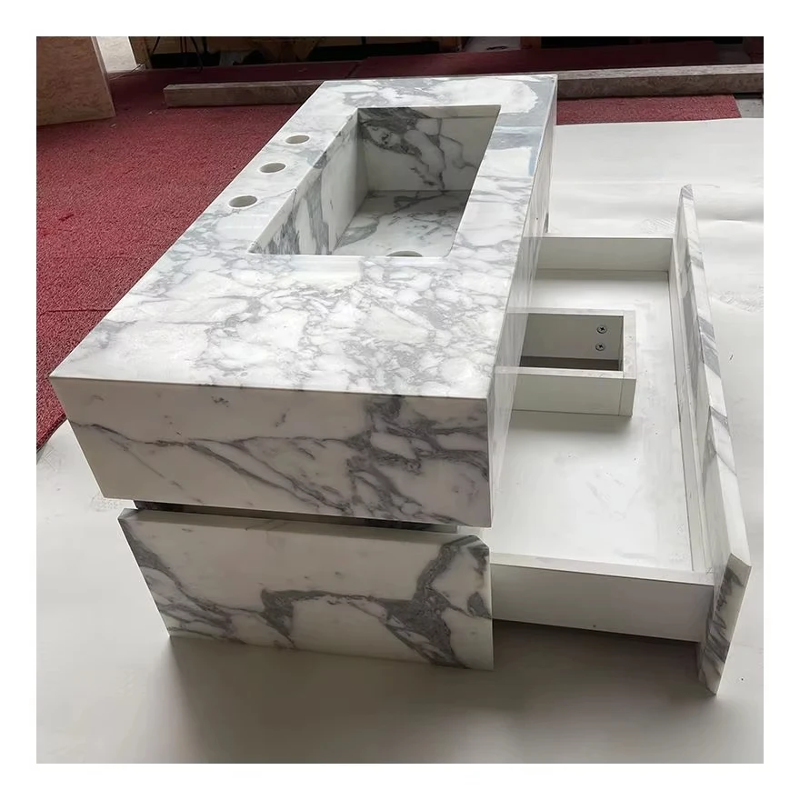 Luxury Home Glossy Bathroom Sink Container Marble Rectangular  Natural Vanity Basin With Drawers For Washing