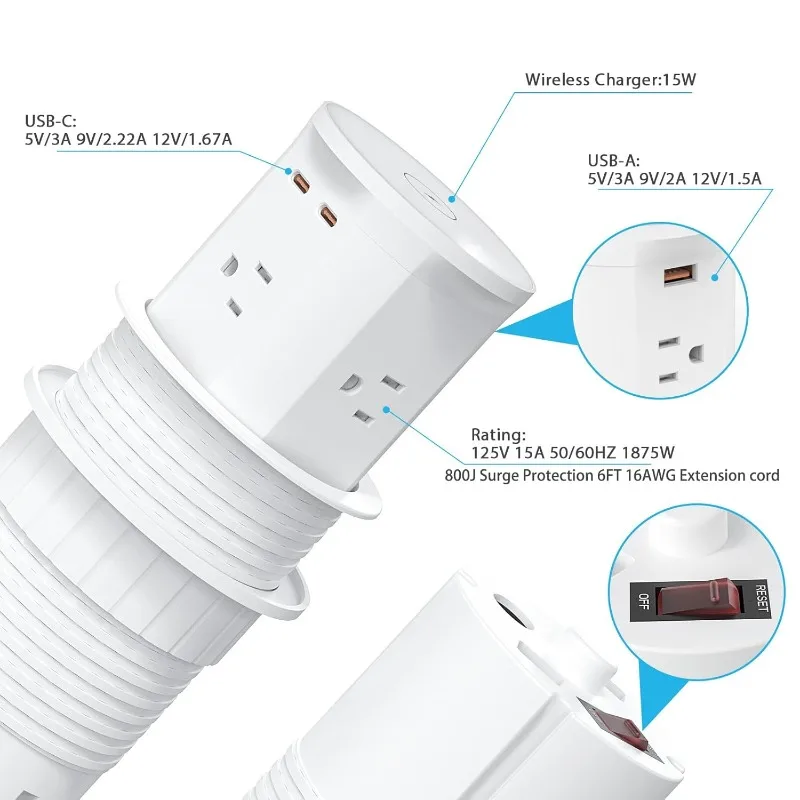 منفذ منبثق للكونترتوب مع شاحن لاسلكي 15 وات، 4 منافذ، 2 منافذ PD20W USB-C، حلقة طاقة بفتحة مكتب 3.35 بوصة (85 مم)، Pop U #5