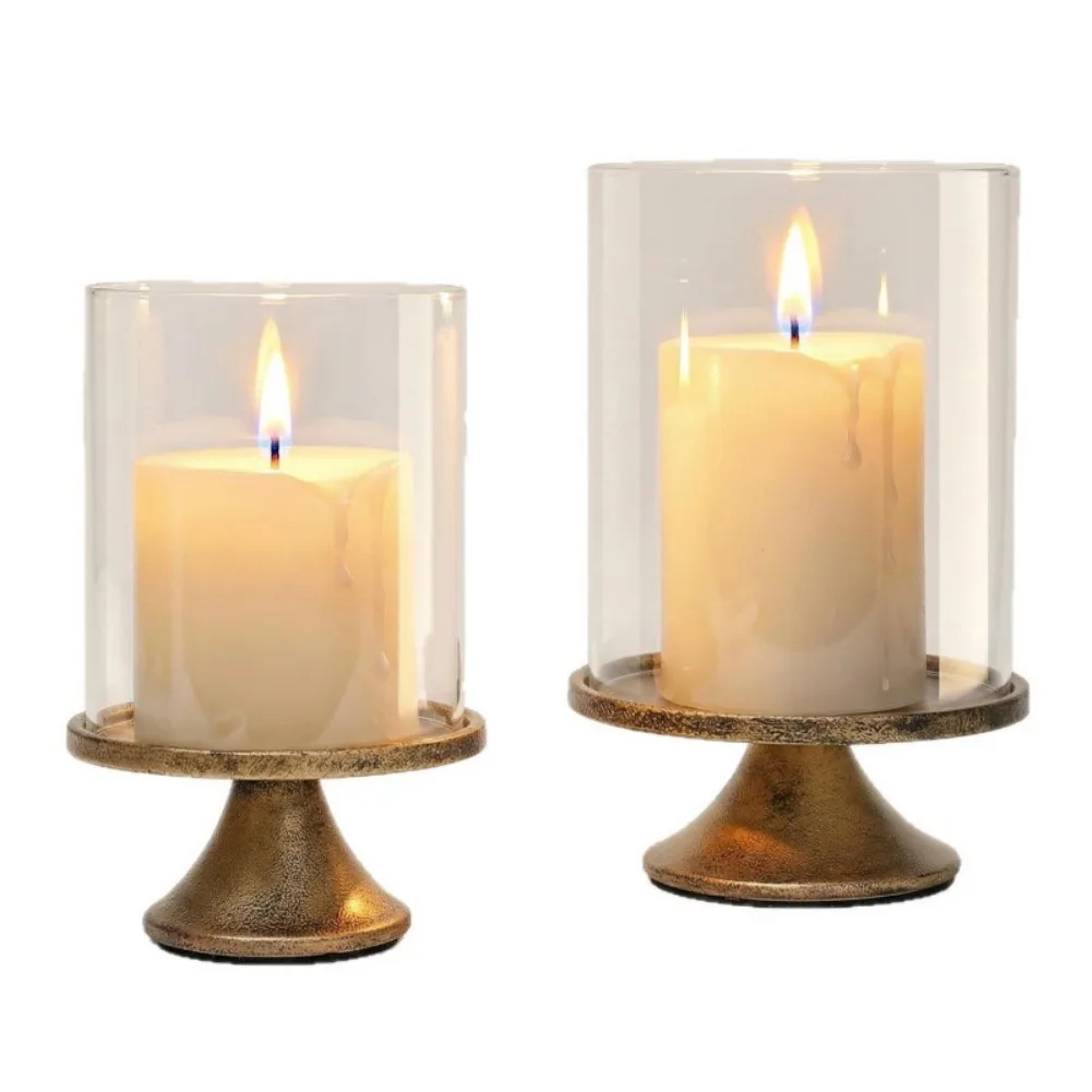 Glass Dome For Hurricane Candle Holder Set with Iron Base for Pillar Candles Gold Color 2 Piece Indoor Decor Set
