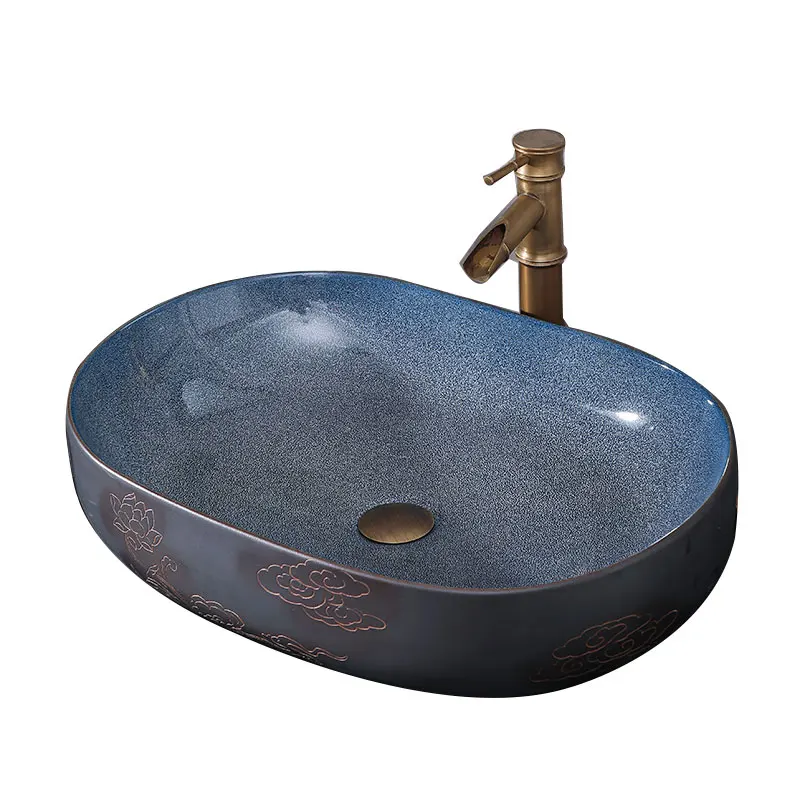 

Новая раковина в китайском стиле на китайском ветровом столе. Овальная бытовая раковина большого размера.