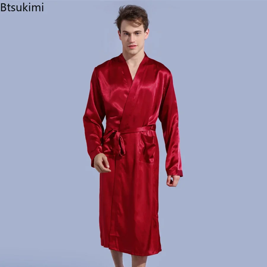 New 2024 Mens Silk Satin Robes Pajamas Long Sleeve Solid Sleepwear Kimono Male Bathrobe Leisure Men Loungewear Dressing Gown