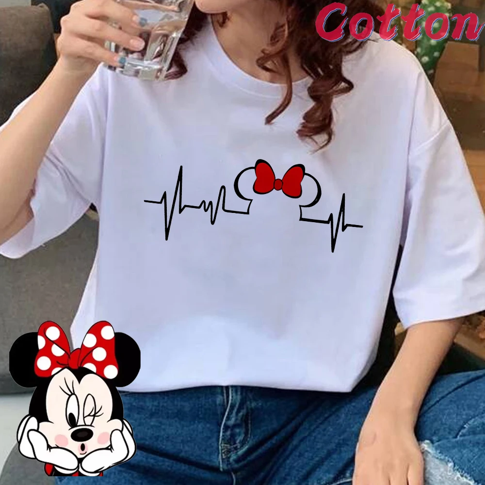 

Disney Mickey Minnie Mouse Love Heart Print Cotton T Shirt Women Cartoon Funny T-shirt Summer Fashion O-neck Aesthetic Tshirts