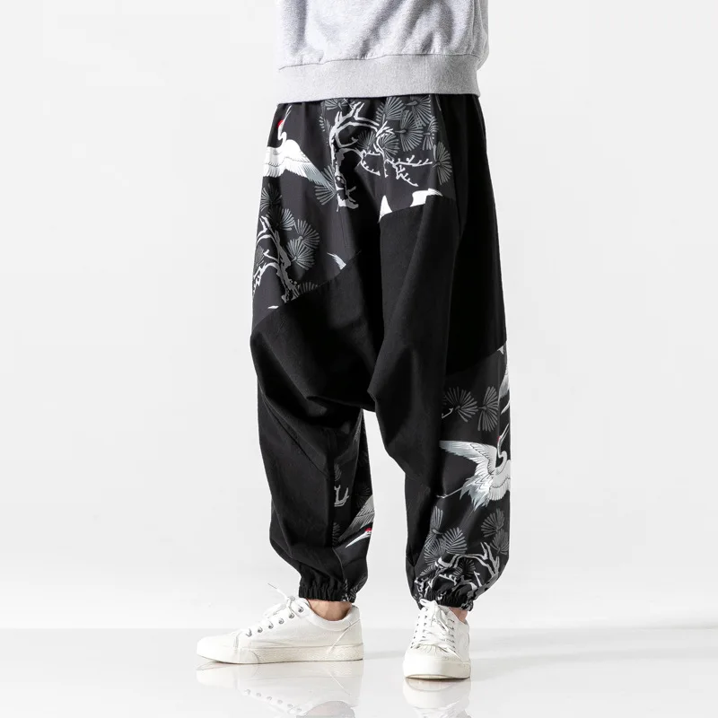 Hip Hop Harajuku Sweatpants Joggers Chinese Kanji Crane Baggy Pants  Mens Japanese Style Streetwear Casual Thin Trousers