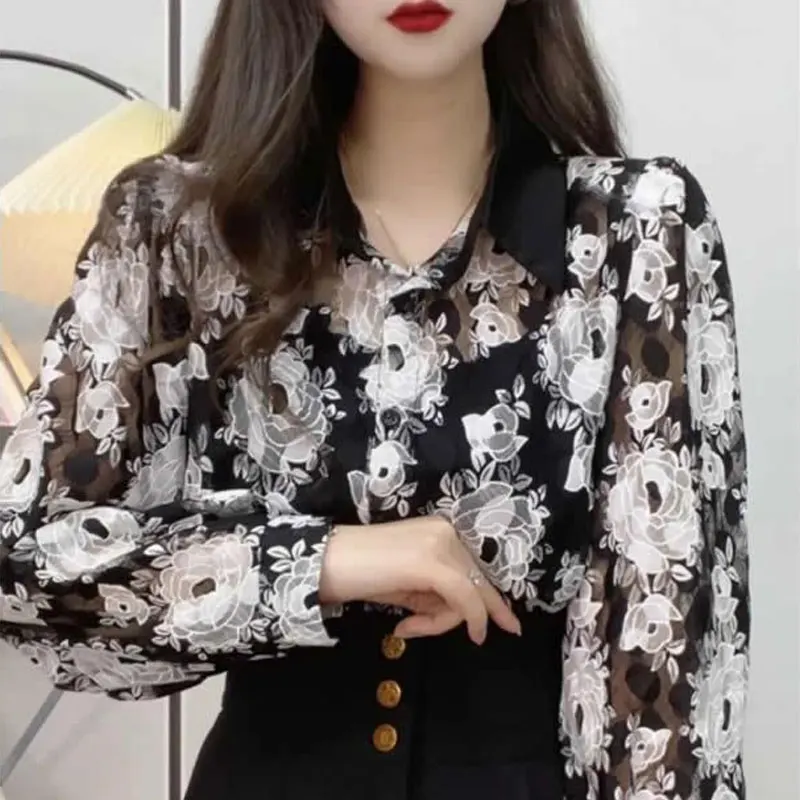 Female Clothing Floral Lace Blouse Gauze Fashion Single-breasted Spring Autumn Turn-down Collar Commute Long Sleeve Korean Shirt