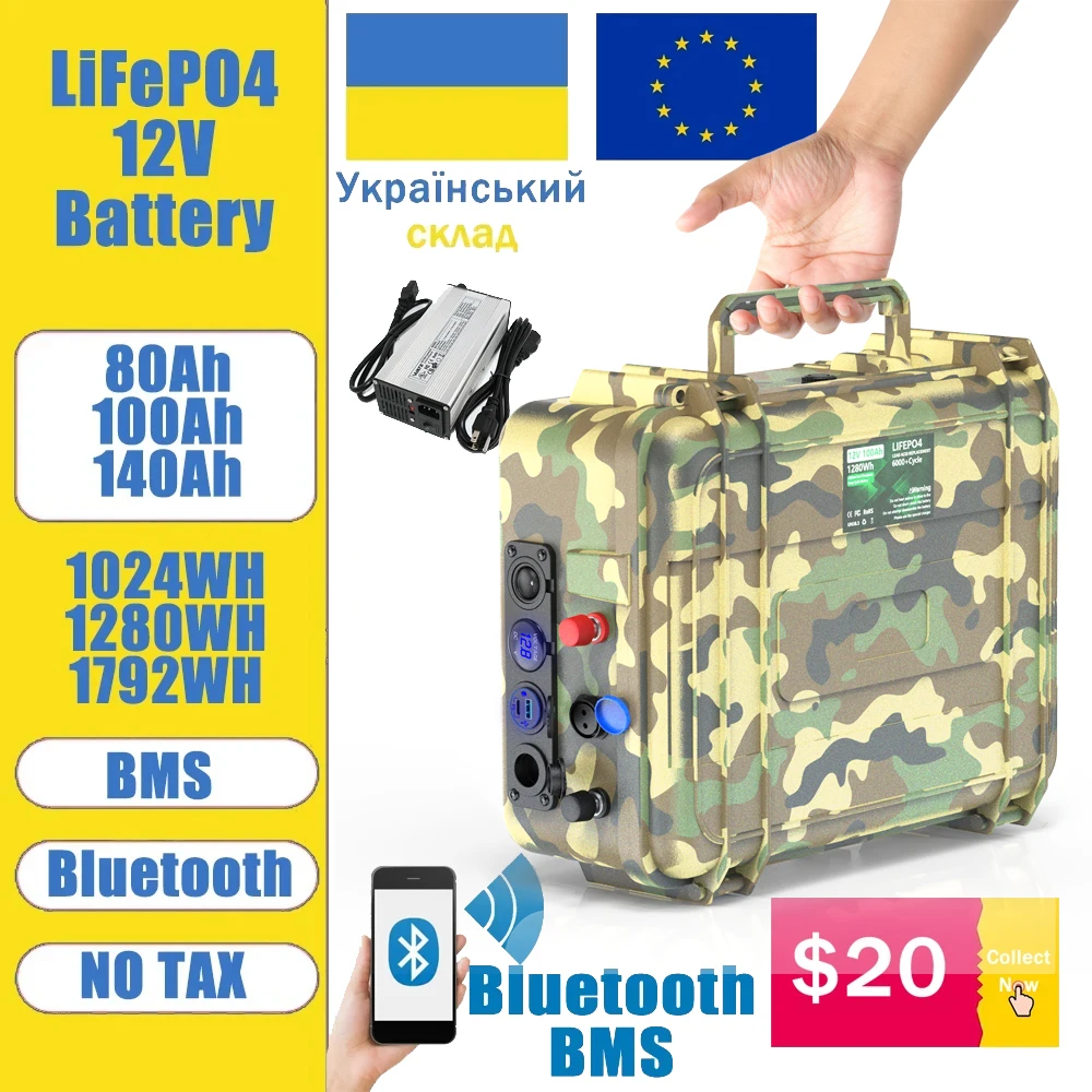 

LiFePO4 12V 140Ah 100Ah 80Ah Battery 1.8Kwh Bluetooth BMS 12.8V 6000+ Cycles Waterproof Lithium Cells For Fishing UKR No Tax