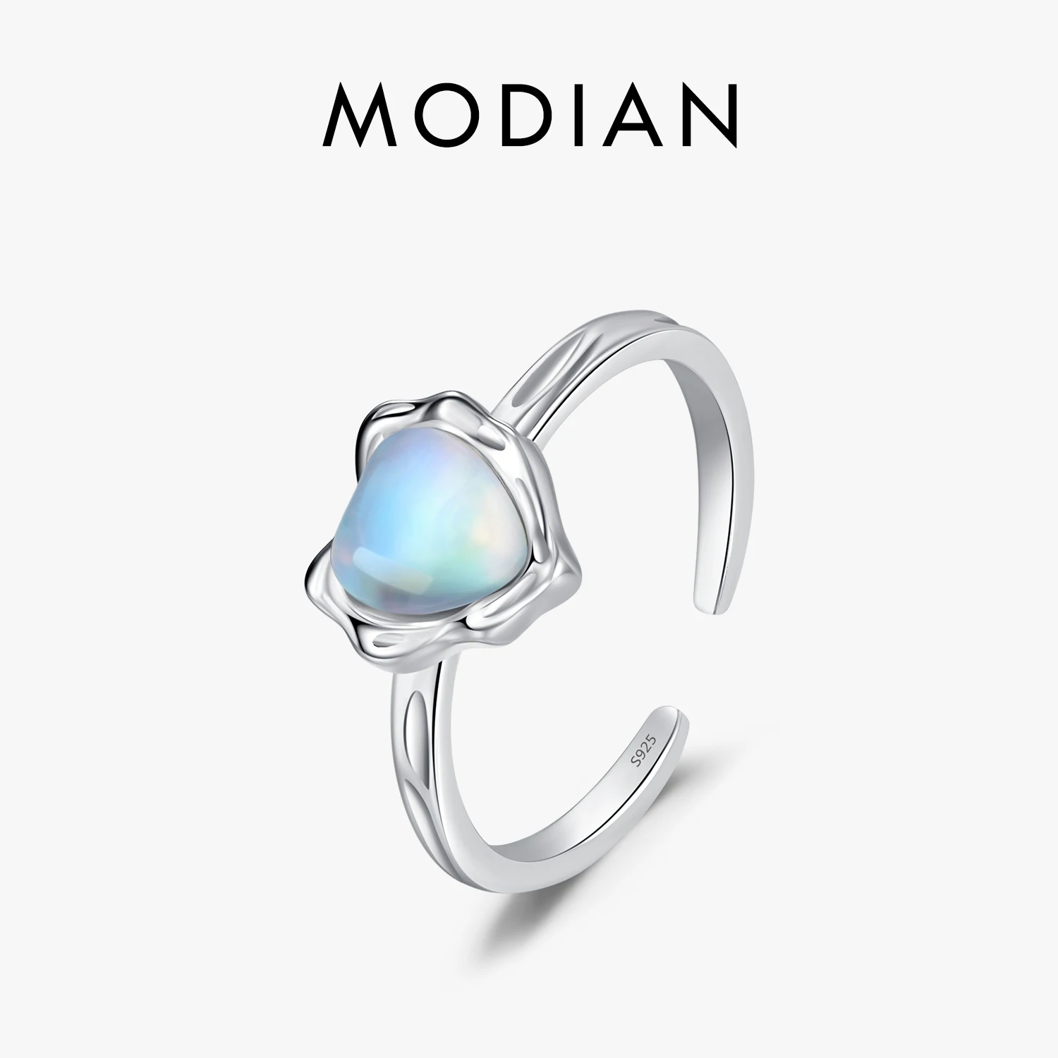 

MODIAN 925 Sterling Silver Exquisite Sparkle Moonstone Adjustable Rings For Women Fashion Heart Free Size Rings Fine Jewelry