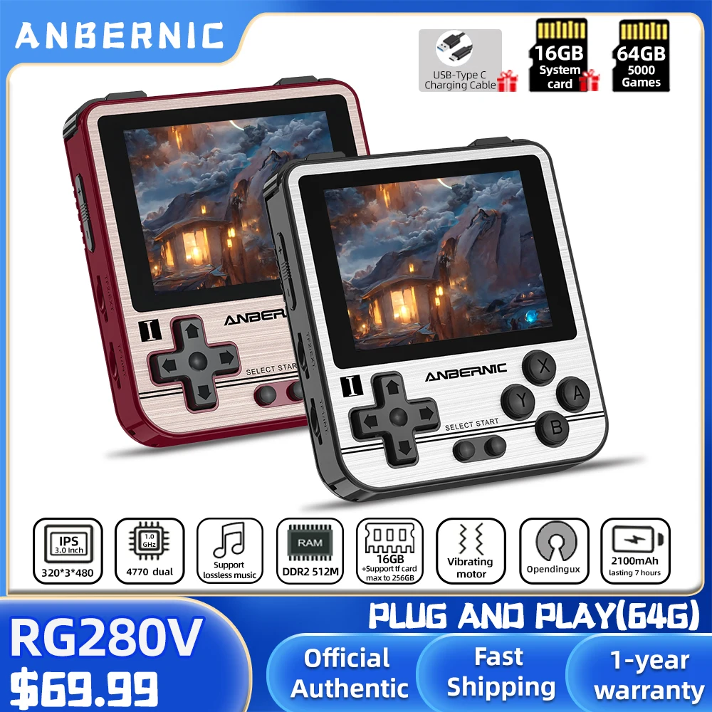 ANBERNIC RG280V Retro Games 16G/64G-5000 Games 2.8Inch IPS Screen Retro Portable Mini Handheld Game Console Children's Gift 280V