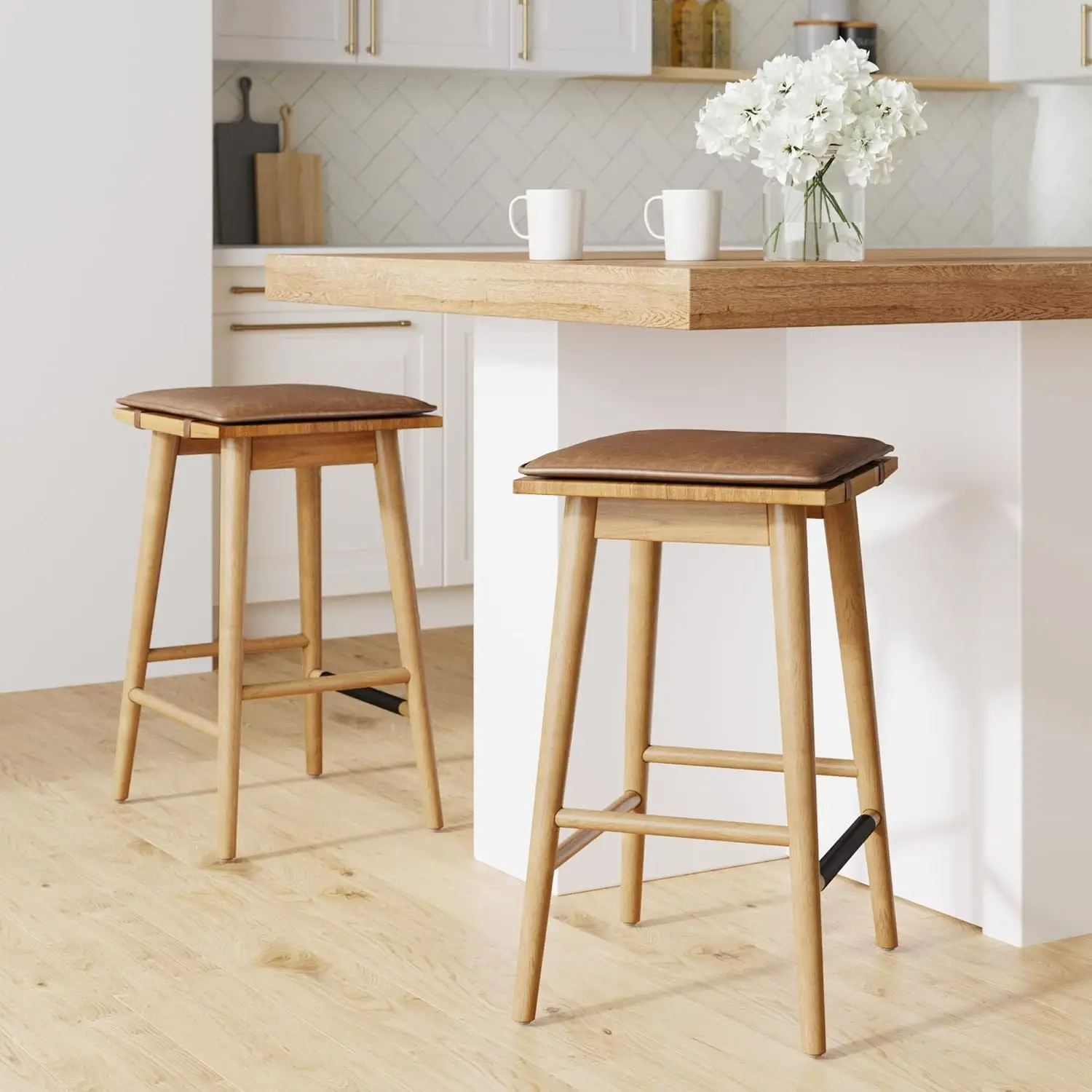 Set of 2 Barker Classic Counter Height Wood Barstool with Leather Removable Cushion, Backless Island 24