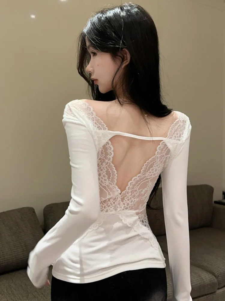 

Elegant Lace Hollow out Back Long Sleeve V-Neck Base Shirt Women's Fashionable Versatile Knitted Top Breathable Comfortable