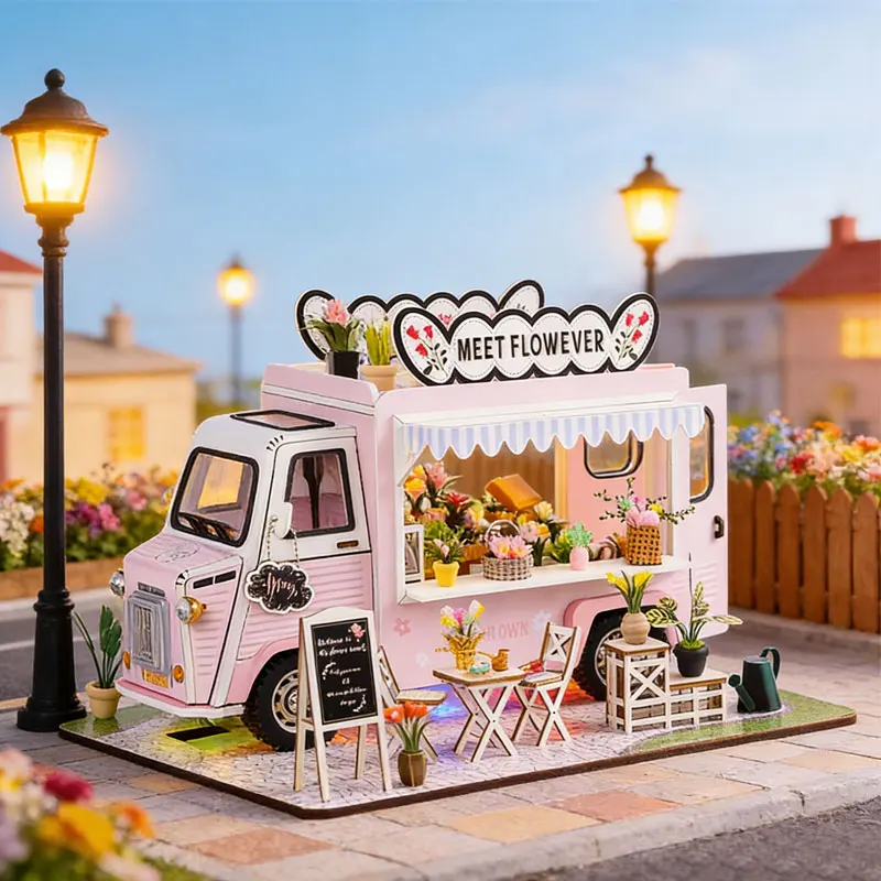 DIY Flower Truck Dollhouse Kit 3D Wooden Miniature Doll House Assembly Model with LED Light Toy Gift for Adults Home Decor