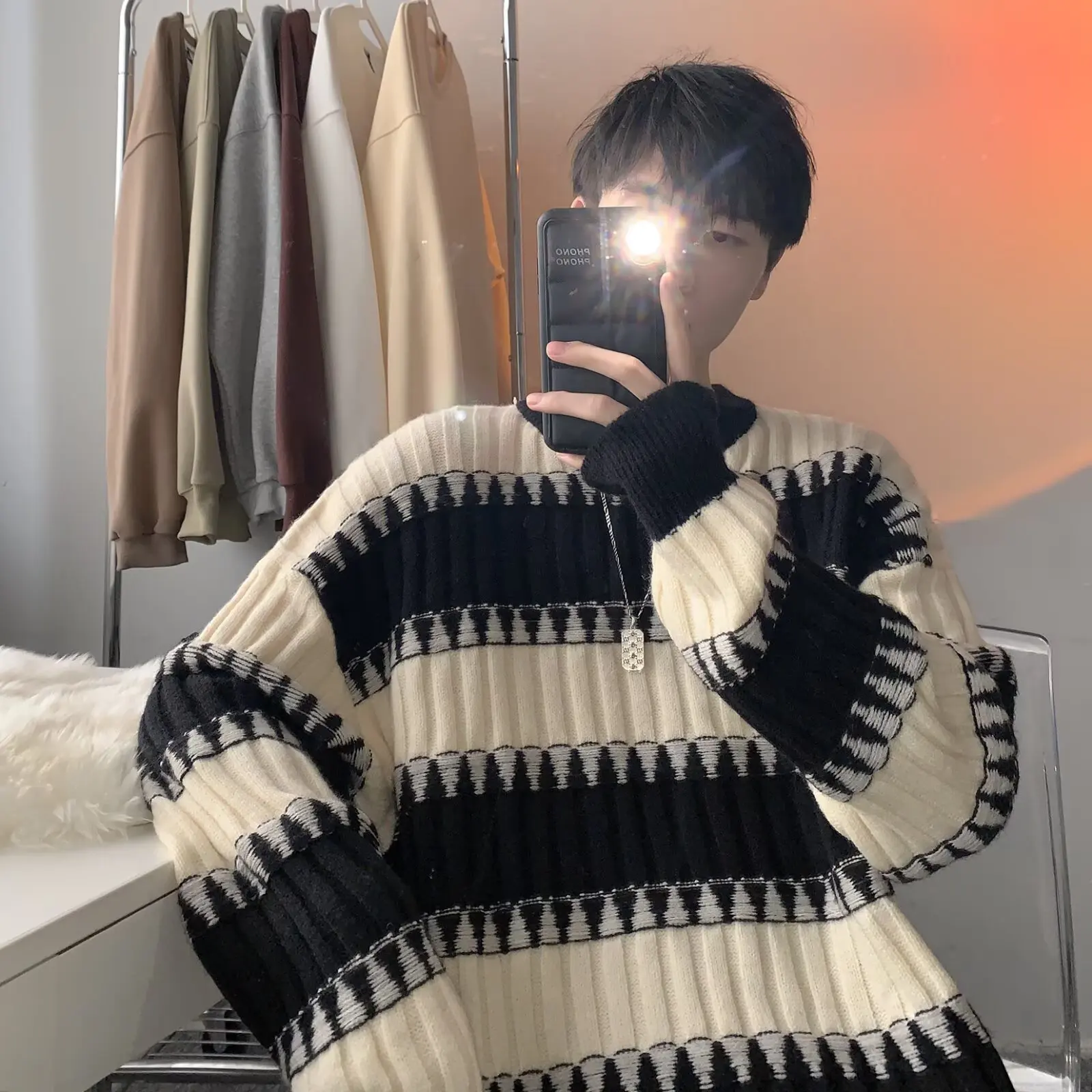 

Autumn Winter Large Size Men's Knitted Sweater Striped Loose Fit Base Layer Trendy Boting Long Sve round Ne Top