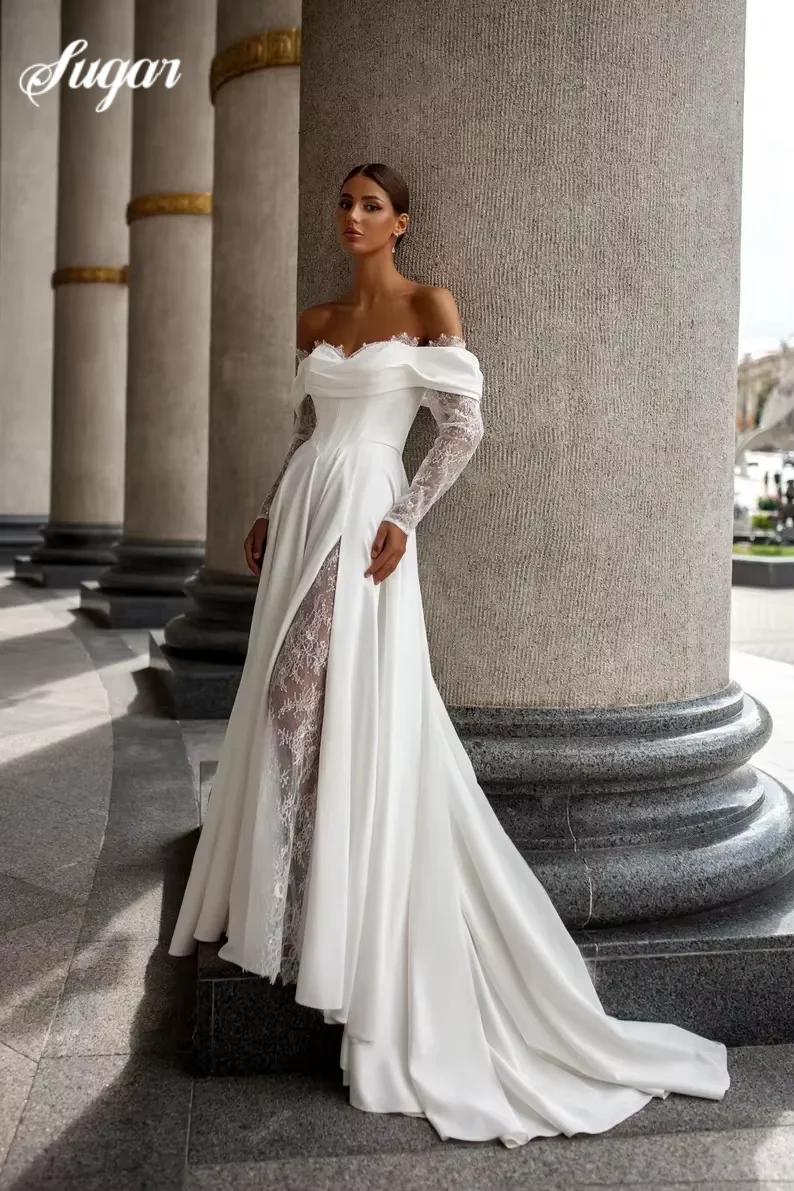 Al largo della spalla A-Line Backless Sweetheart Applique in pizzo Boho Abiti da sposa Abiti in pizzo Maniche lunghe Vestido De Novia Personalizzato