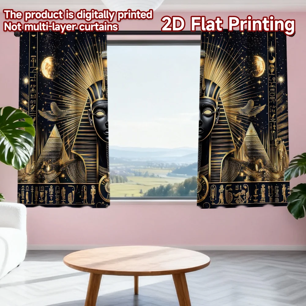 

2D flat printing 2pcs Window Treatment Curtains Ancient Egyptian Gold Shine Digital Printed Polyester Drapes Holiday Decorations