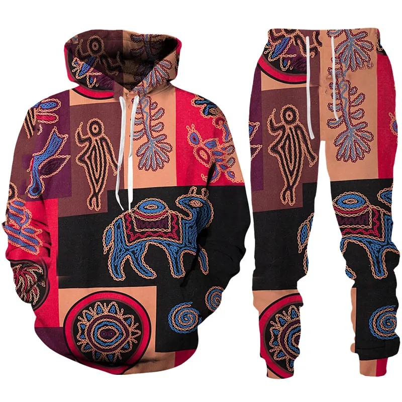 Fashion New Style 3D African Print Men\'s Tracksuit Sets Casual Hoodie+Pants 2pcs Sets Oversized Sweatshirt Fashion Men Clothing