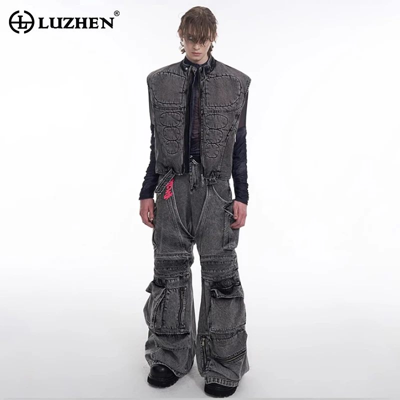 LUZHEN 2025 High Street Personalized Pattern Embroidery Sleeveless Denim Vest Men's Fashion Pockets Design Straight Jeans LZ8603