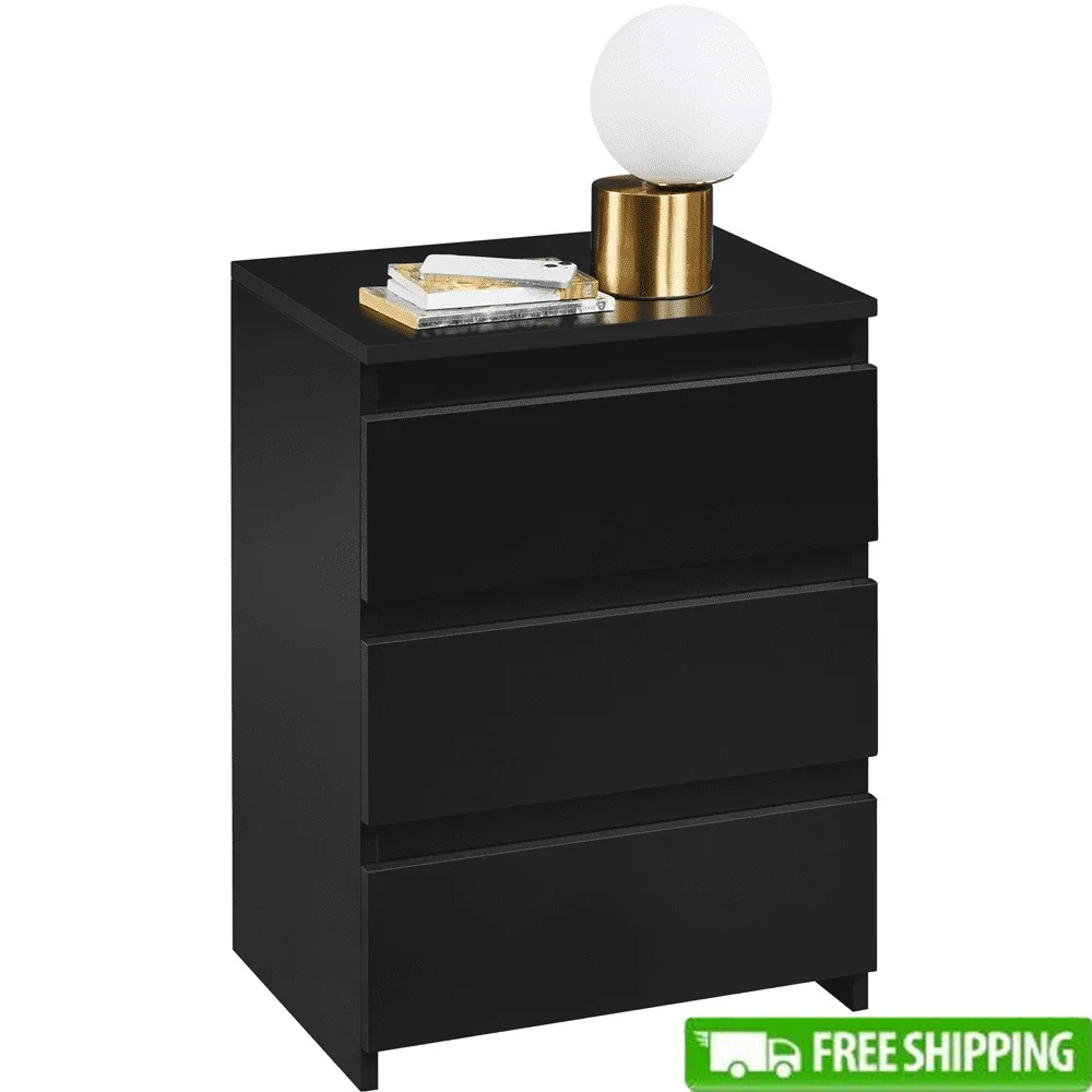 

Vertical Nightstand with 3 Drawers Compact Storage Table Bedroom Living Room Office Non-handle Design MDF Black Finish