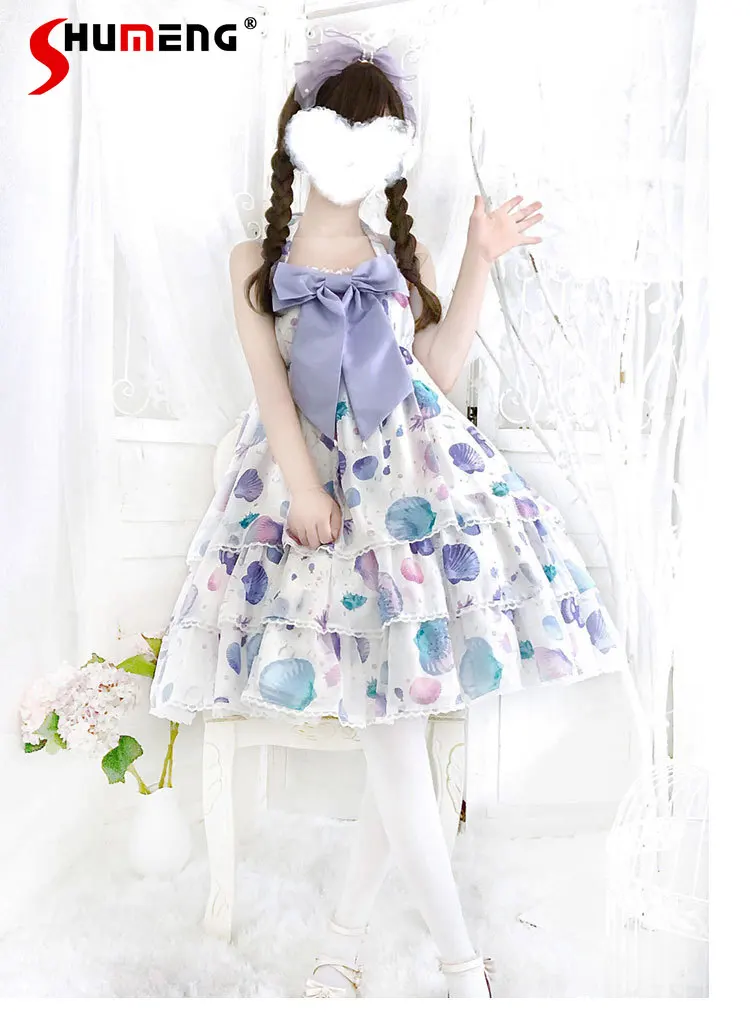 

Japanese Elegant Neck Off-shoulder Bow Shell Gradual Change Printing High Waist Lolita A-line Sweet Cute Short Sling Dress Women