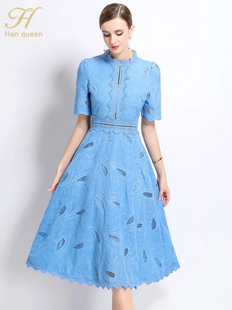 

H Han Queen Vintage Holiday Lace Hollow Out Prom Dress For Women's Summer Slim Elegant Short Sleeve Casual Party Long Dresses