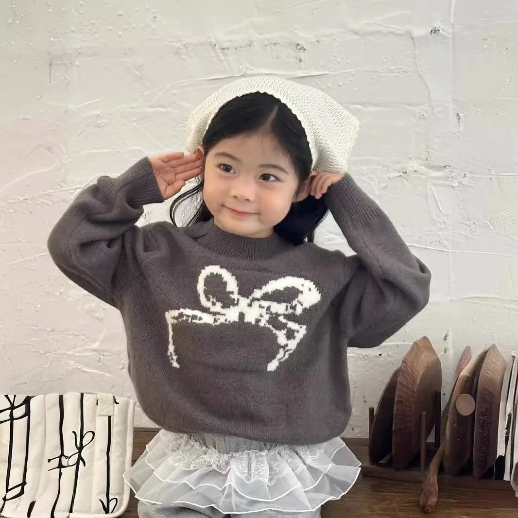 

Children's bow knit sweater 2024 autumn new Korean version of girls long sleeve crewneck sweater 90-150cm