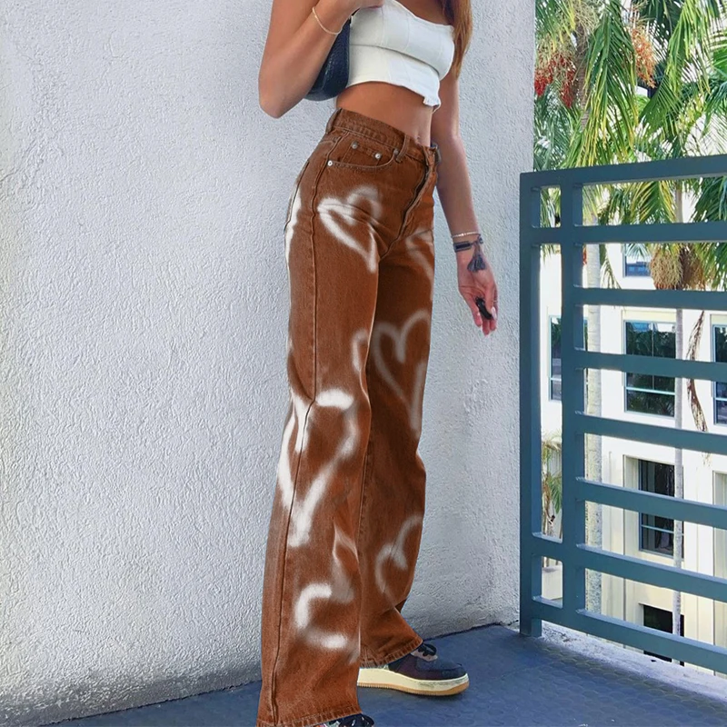 

Heart Printed Brown Baggy Jeans For Girls Nice Harajuku High Waist Trousers Aesthetic Straight Denim Pants Women Streetwear