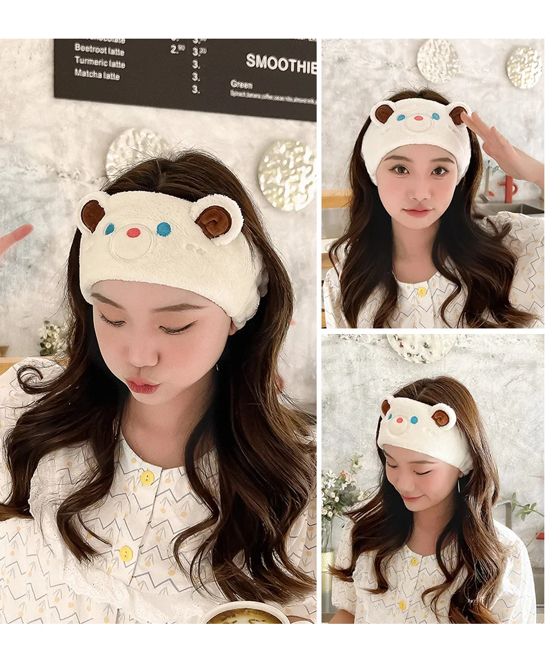 Bear Coral Fleece Facial Spa Stirnband, bequemes und stilvolles Hautpflege-Stirnband zum Waschen von Gesicht und Make-up – Detail 6