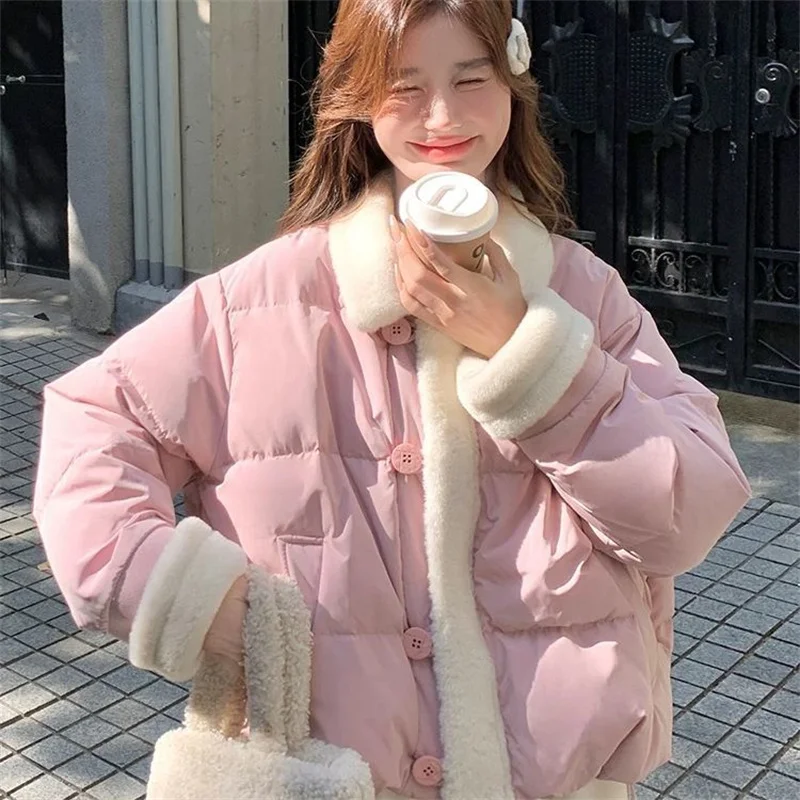 Winter Lady Lamb Wool Parkas Outwear Korean Women Fashion Lapel Down Cotton Jacket Autumn Female Long Sleeved Cotton Padded Coat