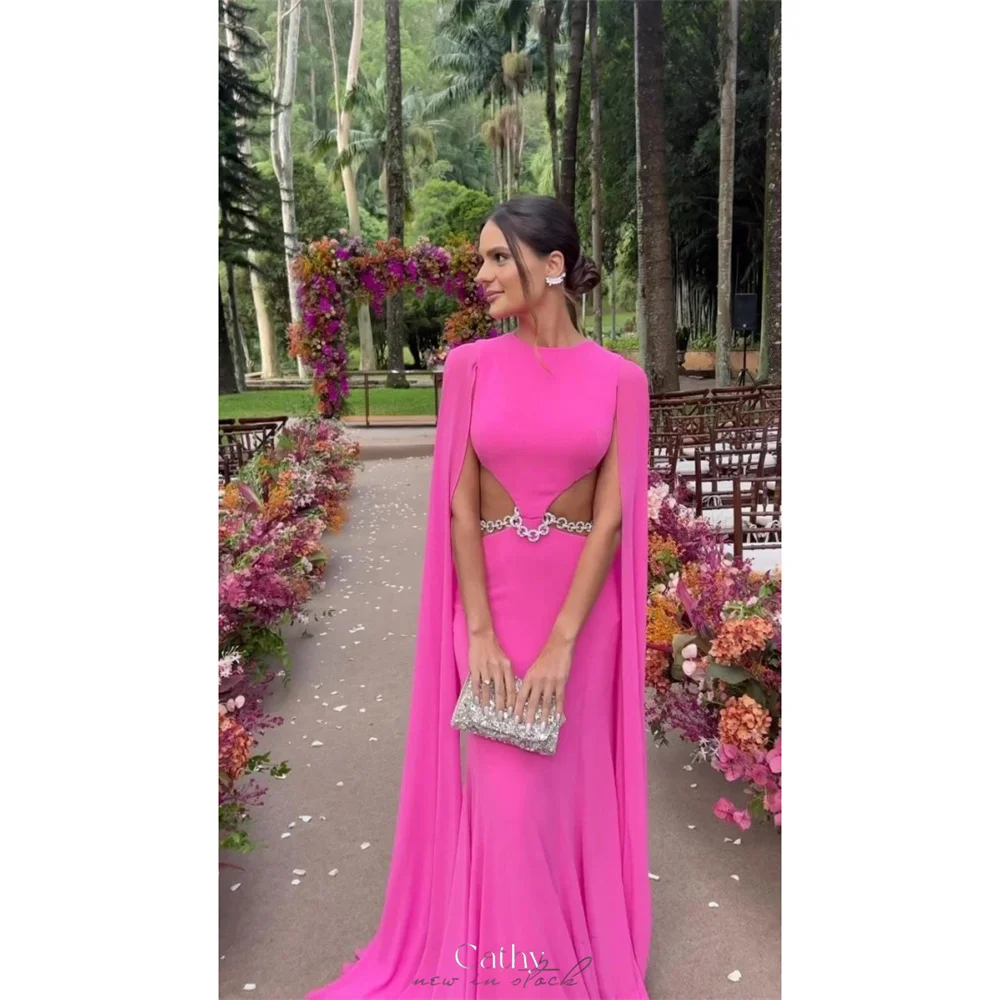 

Cathy Customized Pink O-Neck Cut-out Prom Dress Chiffon Shawl Backless vestidos de noiva Elegant Sweep Train Evening Dresses