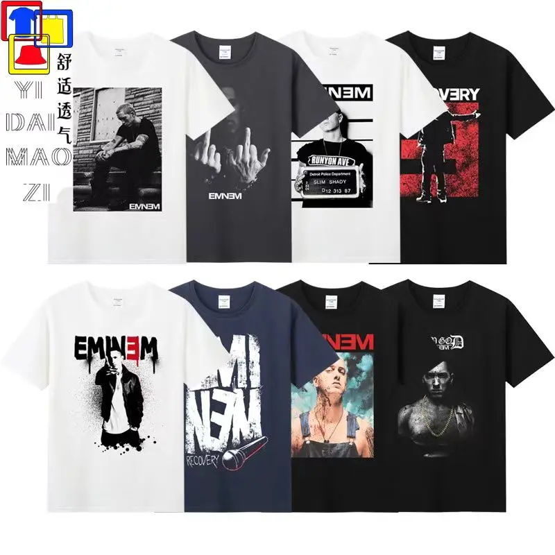 

2025 Новая хлопковая футболка с принтом eminem Eminem относится к Западном побережье в стиле хип-хоп с принтом gangsta rap Rap, мужская и женская футболка