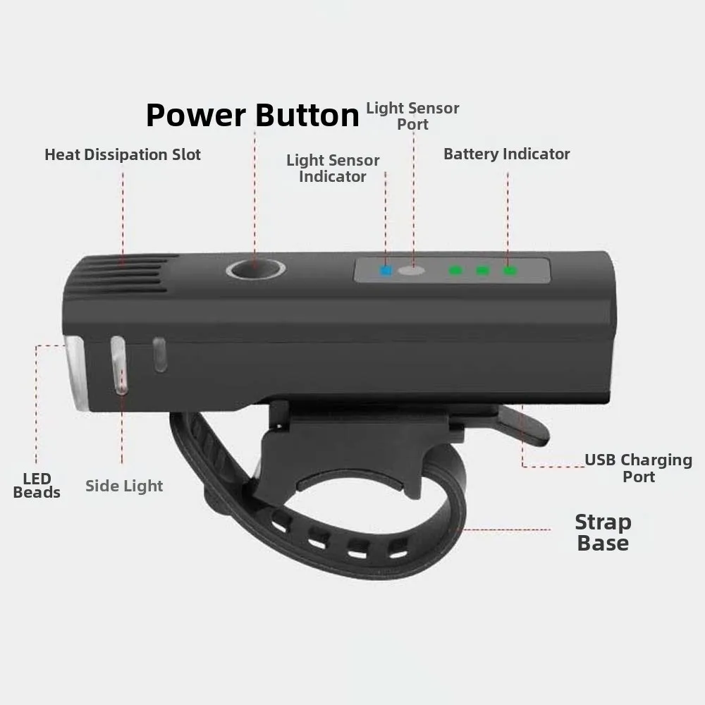 

USB Rechargeable Bike Headlight Intelligent Light Sensing Easy To Install Front Bicycle Lights with Fixed Bracket Not Dazzling
