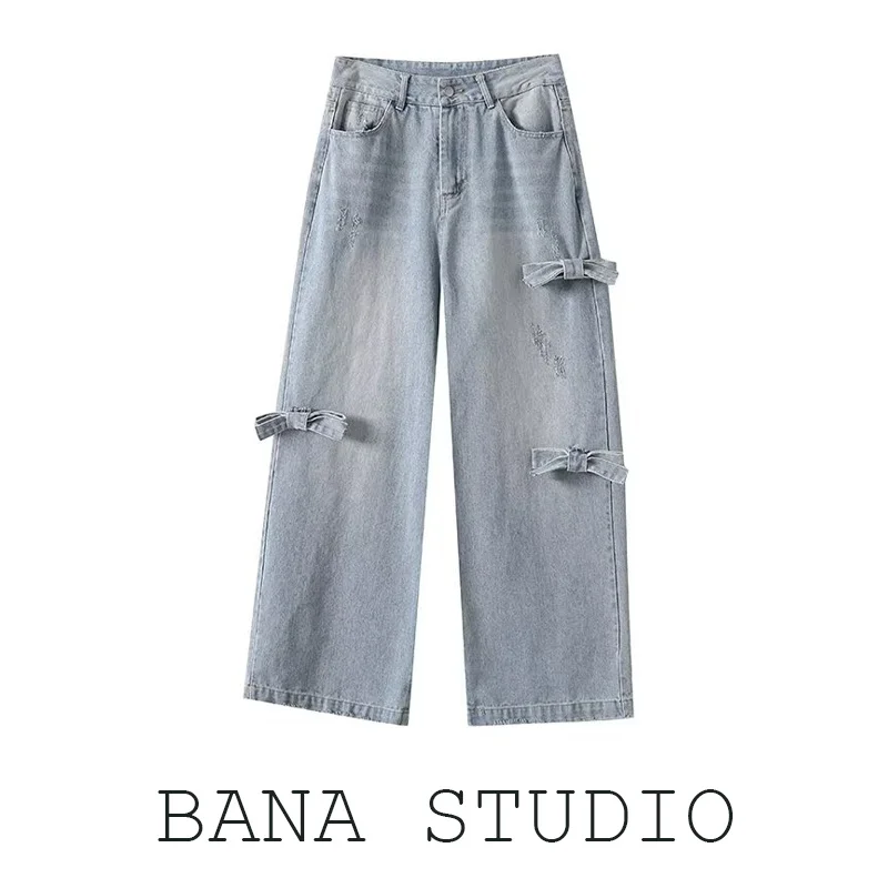 

BANA 3D Knot Straight Leg Denim Pants Women's New 2025 Summer High Waist Long Trousers Draping Wide Leg Jeans