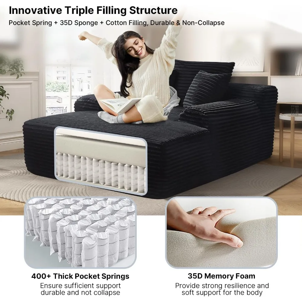 كرسي صالة تشيس 65 بوصة داخلي، أريكة سحابية من القطيفة باللون الأسود، سرير أريكة كبير الحجم لغرفة النوم وغرفة المعيشة