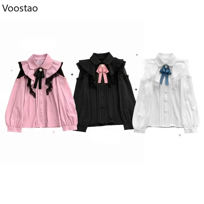 Camisa japonesa dulce de Lolita para Mujer, Tops informales de manga larga calados, blusas con lazo de encaje y volantes Kawaii, Blusa bonita Y2k