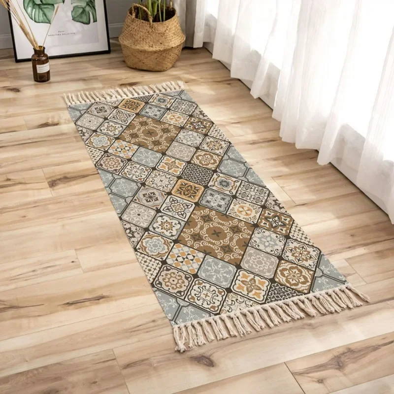 New Cotton and Hemp Carpet Bedside Carpet Living Room Floor Mat Fabric Weaving Machine Washable Floor Mat Foot Mat