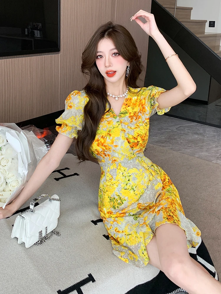 Summer Chiffon Short Dress Women Clothes Elegant Pretty Vintage Boho Print Casual Short Sleeve Wrap Hip Mini Beach Mujer Vestido