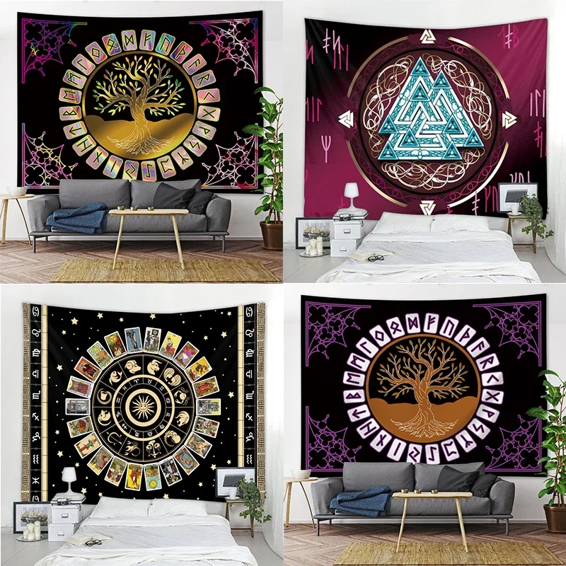 Viking Mysterious Symbols Tarot Home Tapestry Psychedelic Scene Wall Hanging Room  Yoga Mat Sheets