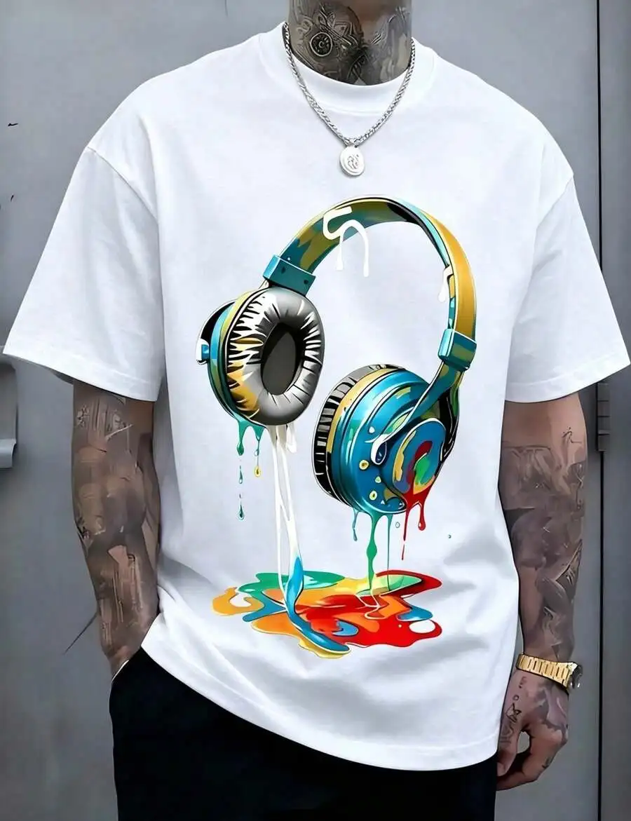 1pc Man' Colorful Headphone Paint Print WhiteTShirt Crew Neck Casual Cotton Tee Medium Stretch Knit Fabric Regular Fit For Boys Man Perfect