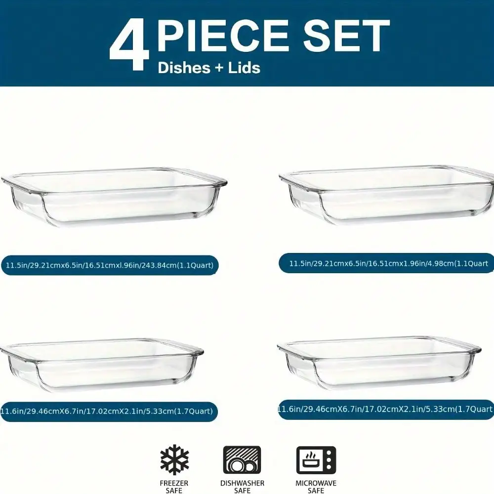 4-Piece Rectangular Deep Glass Baking Tray Set – Oven-, Freezer-Friendly & Dishwasher- For Baking, Meal Prep, Storing Leftovers, Cooking Noodles, Casseroles, Roasting, And More – Heat-Resistant Tempered Glass With Smooth Edges And Stackable D