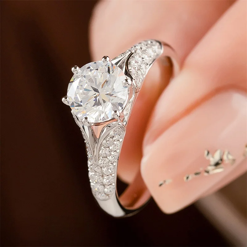 CAOSHI Sliver Color Round Cut CZ Engagement Ring Side Paved Clear Zircon Luxury Bridal Wedding Promise Finger Jewelry for Women