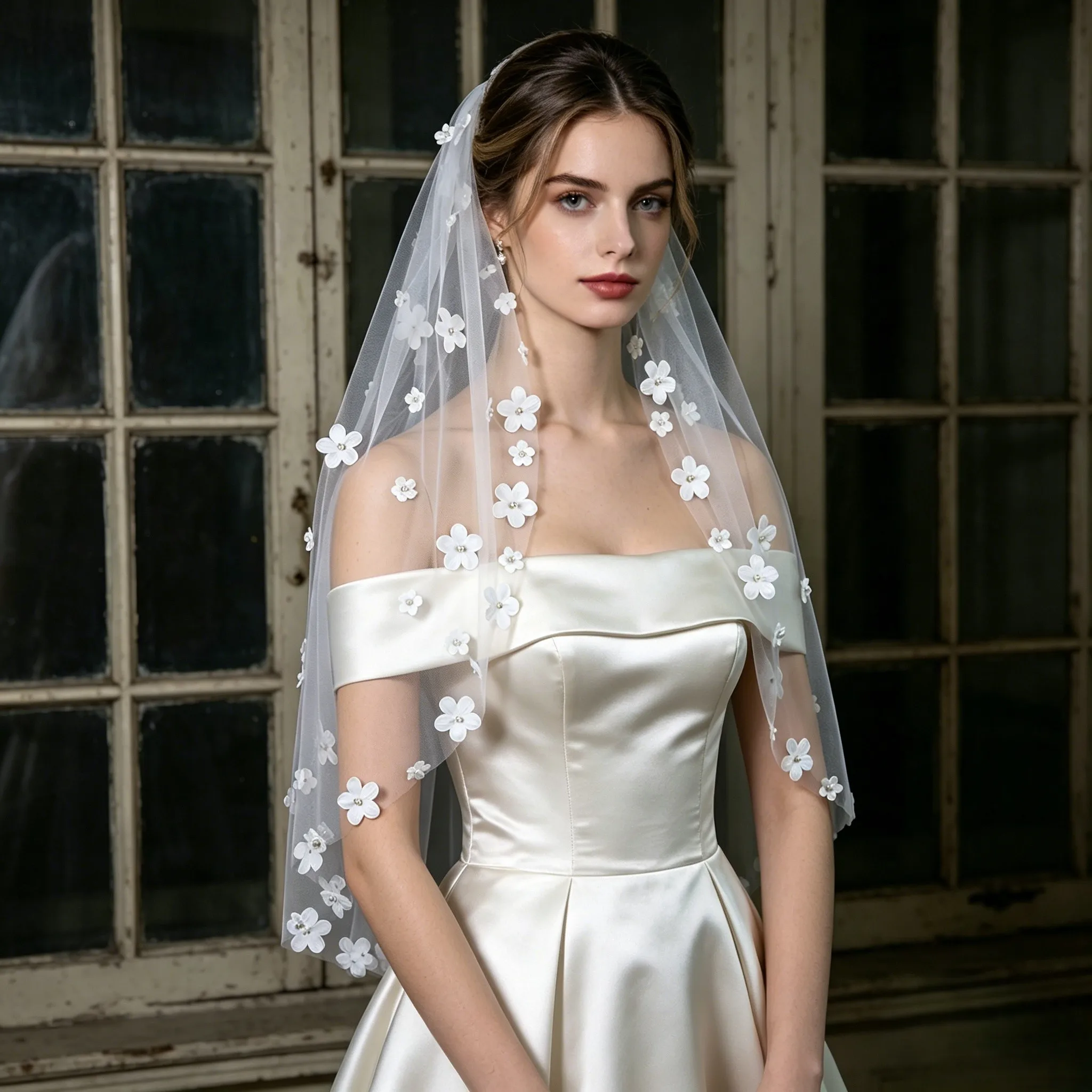 Sweet Bridal Veil 1Layer 3D Flower Wedding Veil Elegant Beaded Elbow Length wedding accessory Whit Comb Tulle lightweight G80