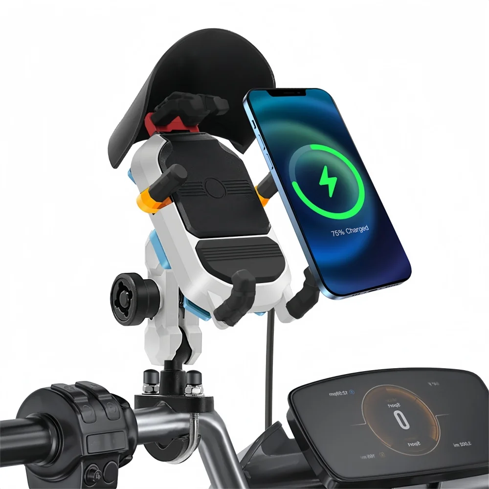 

Shock Absorbing Motorcycle Handlebar Mount - Wireless Charging & 360° Rotation for 4.7-7.2" Phones Fits E-Bike/ATV