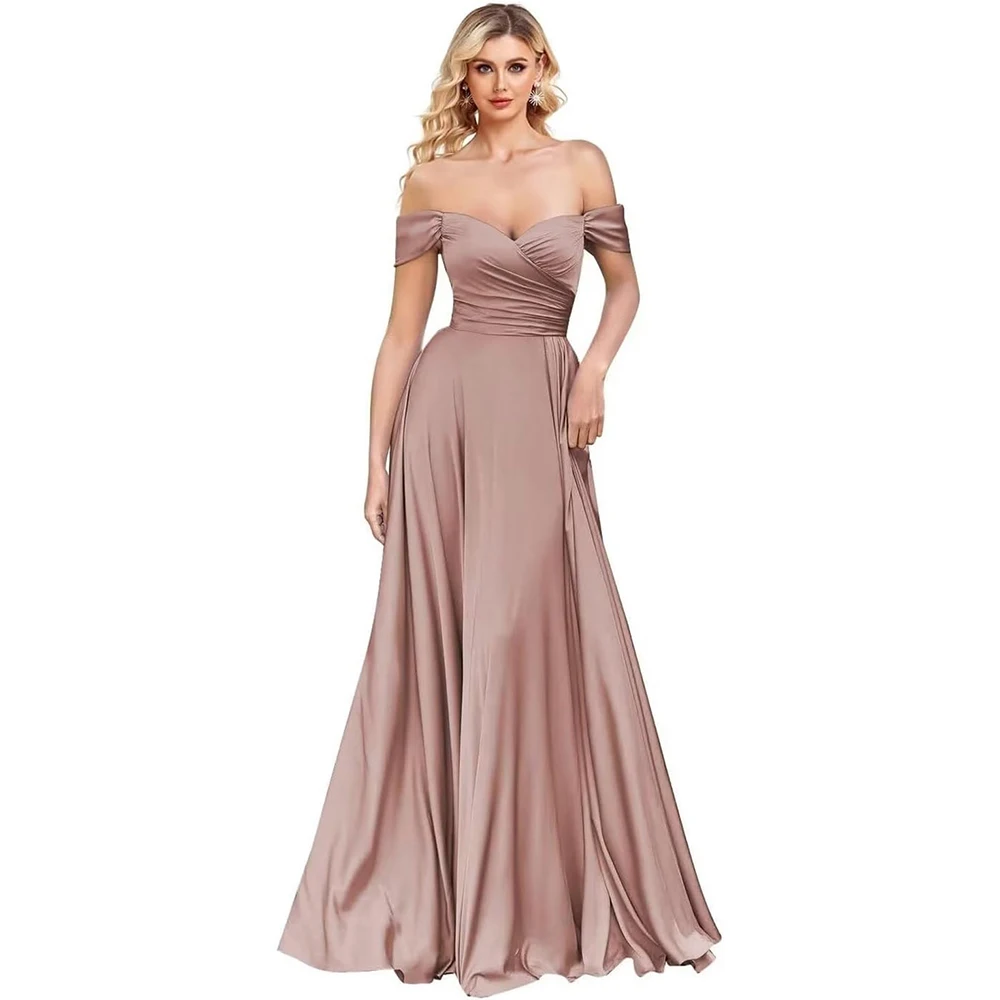 

Off Shoulder Silk Bridesmaid Dresses, Pleated Prom Gown, A-Line Formal Dress for Wedding