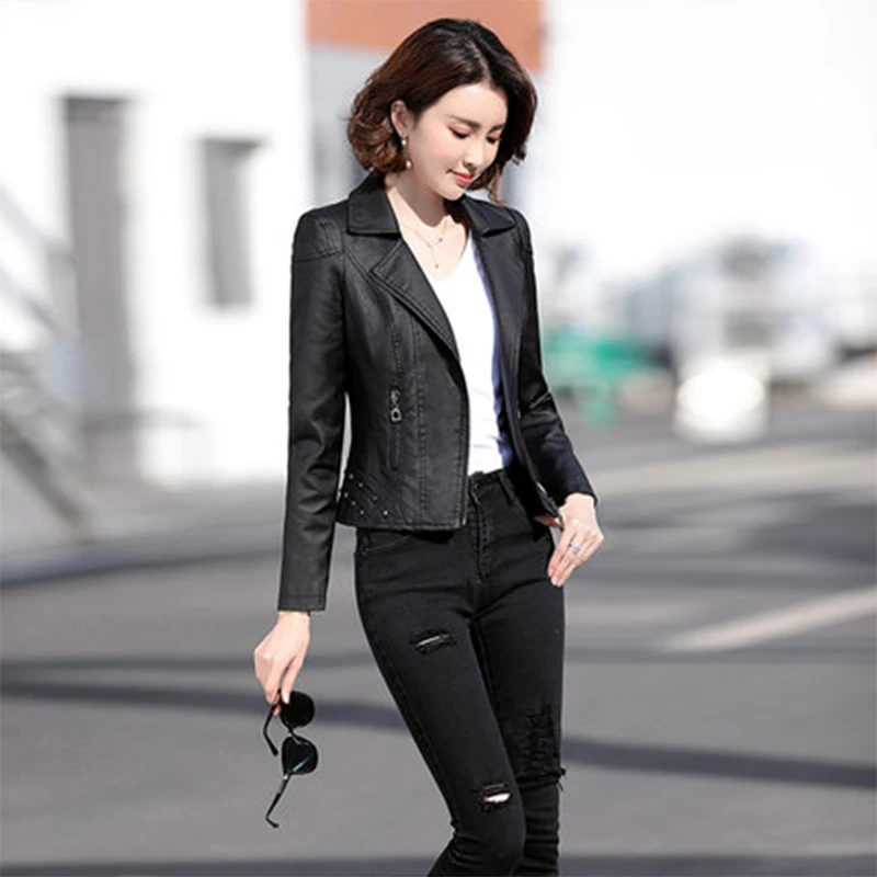 Genuine Leather Jacket Women's Spring and Autumn Suit Lapel Rivet Decoration Locomotive Short Slim Fit Sheepskin Leather Jacket