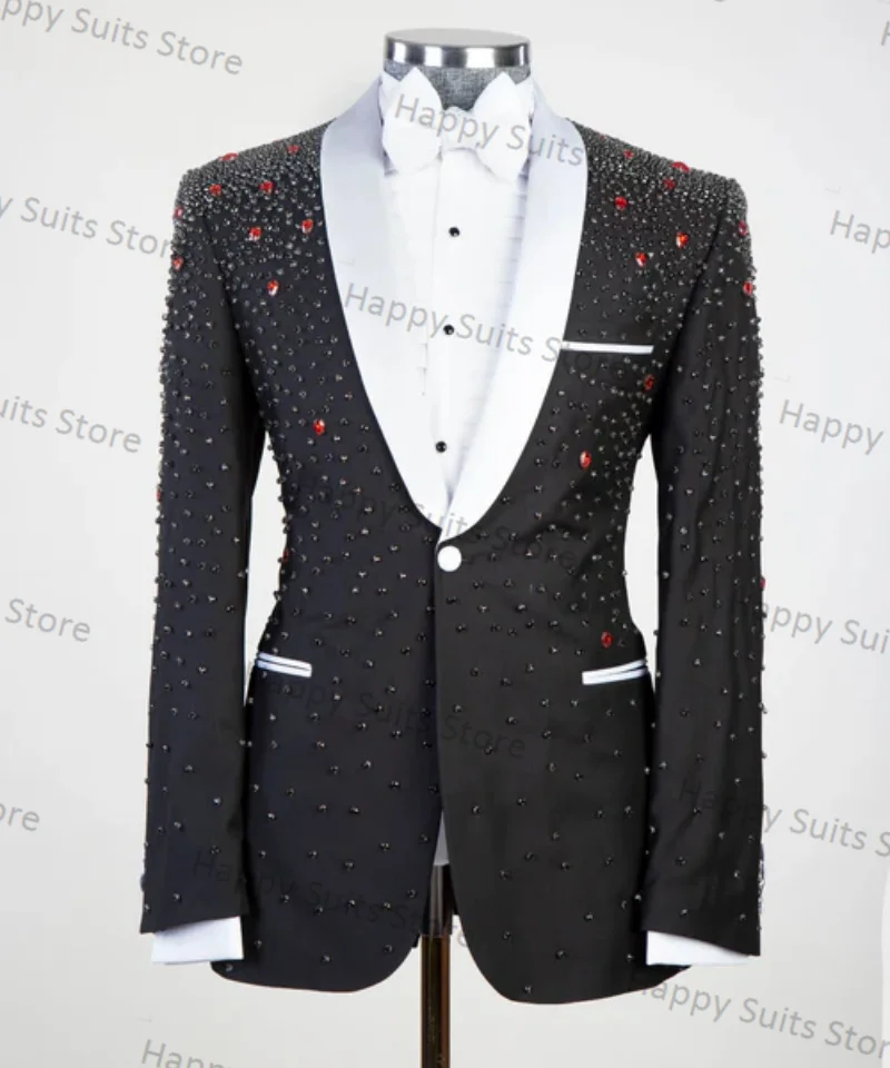 

Crystals Black Men Suit 2 Piece Blazer+Pants Formal Office Jacket Coat Wedding Groom Tuxedo Customized One Button Prom Dress