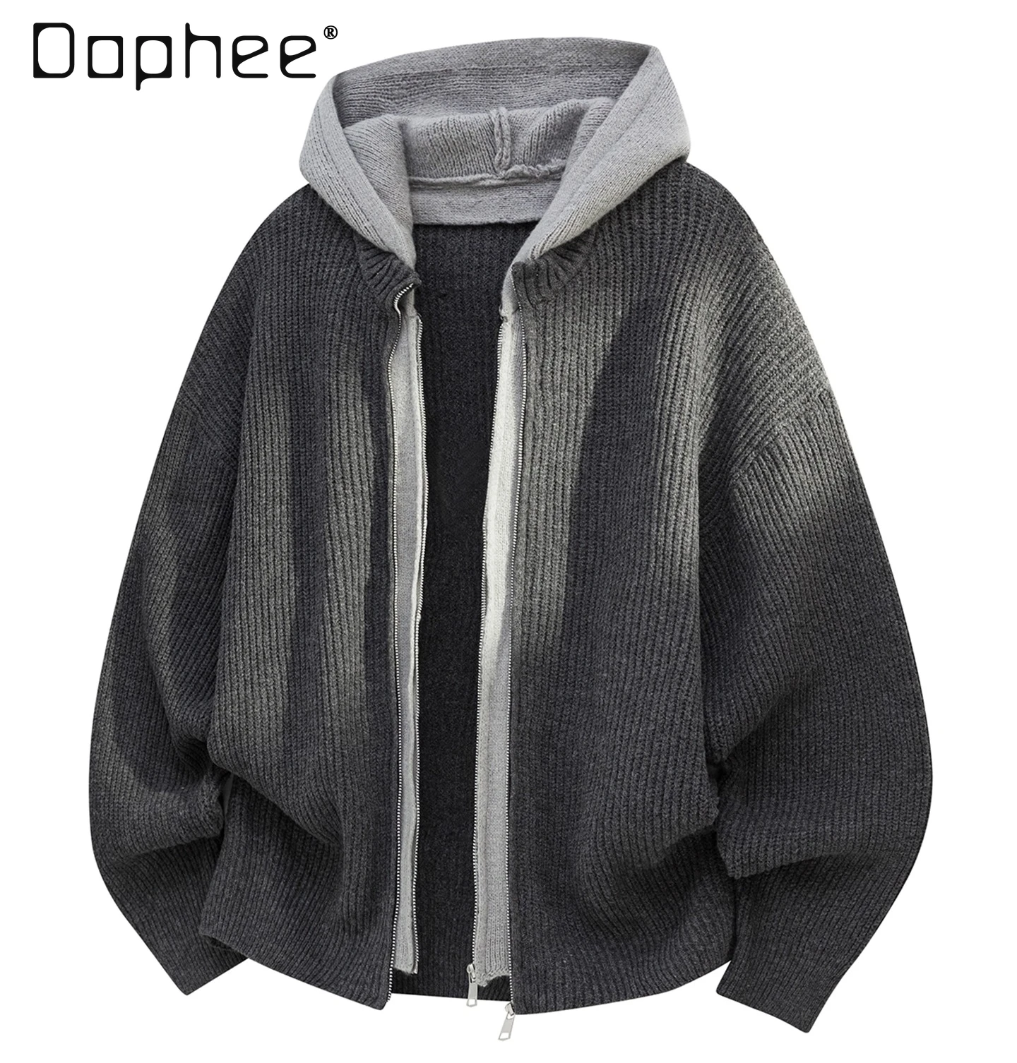 

Осень-зима 2022, японский ретро серый цветной свитер с капюшоном, мужской повседневный искусственный двухсекционный черный кардиган, трикотаж