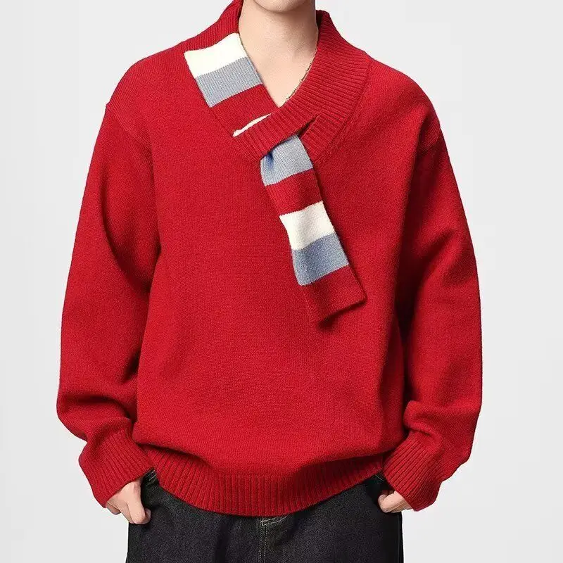 

Thiened V-Ne Men's Sweater Scarf Sli Trendy Teenage Student Warmth Red Knitted Wear for Autumn Winter Casual Loose Fit