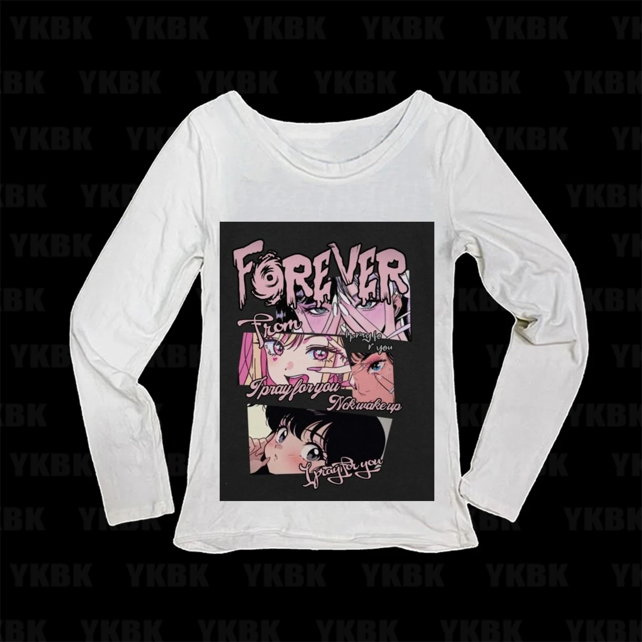 Vintage Anime Women Long Sleeve Tee, Forever Pray Slogan Graphic Slim Top, Y2K Harajuku Retro Cartoon Aesthetic Streetwear