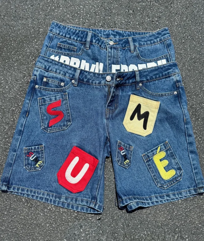 Designed printed colorful patch washed denim shorts summer loose casual straight pants versatile fake two-piece five-point pants