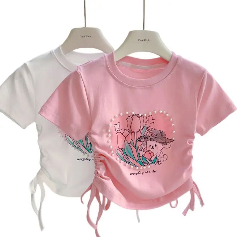 T Shirt for Girls Baby Girl Drawstring Half-sleeved Ice Silk Top Summer Pearl Love Sweet Cartoon Short-sleeved T-shirt