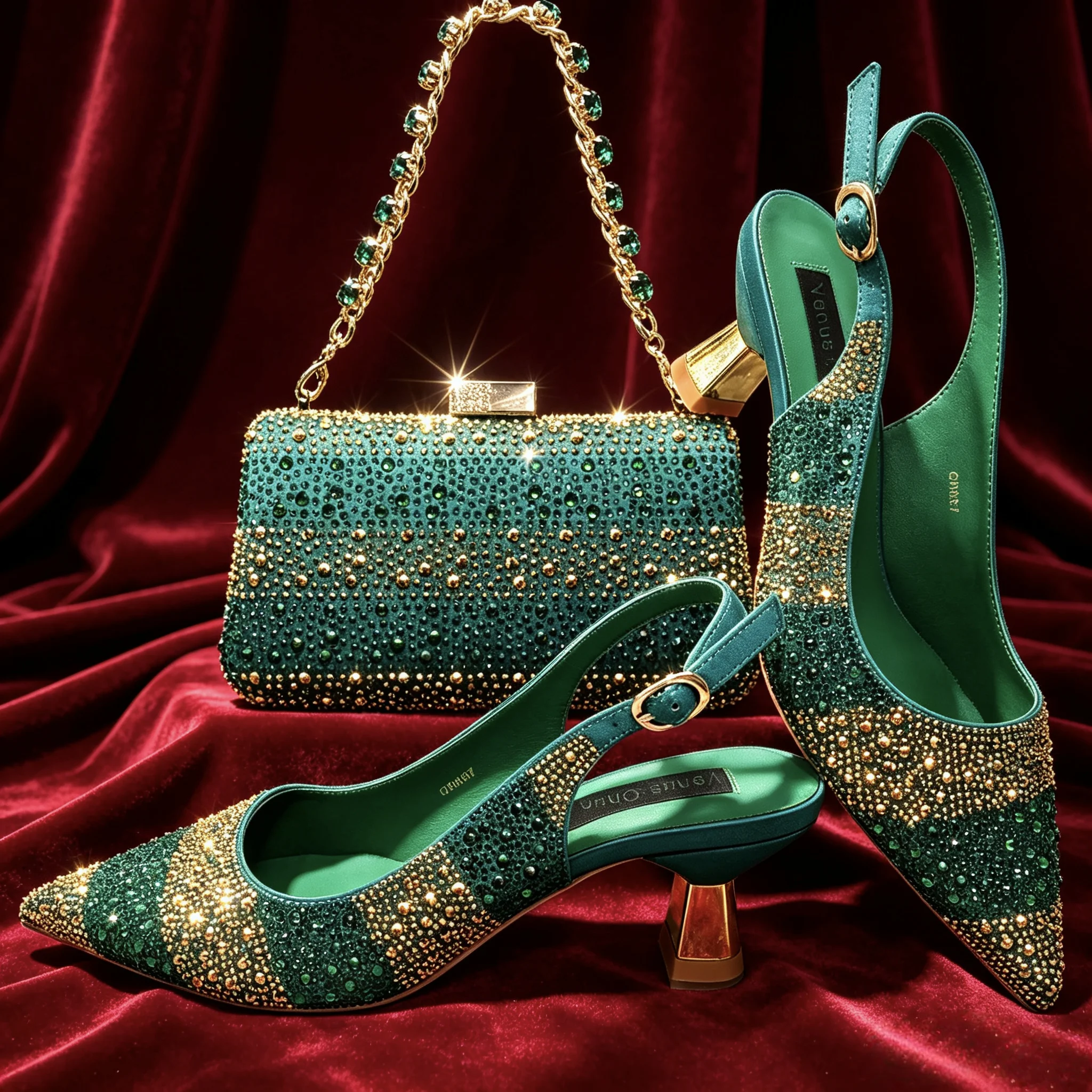 Venus Chan Green Gold Rhinestone Slingback Heels & Matching Evening Clutch Bag Set Pointed Toe Metal Block Heel Women Wedding