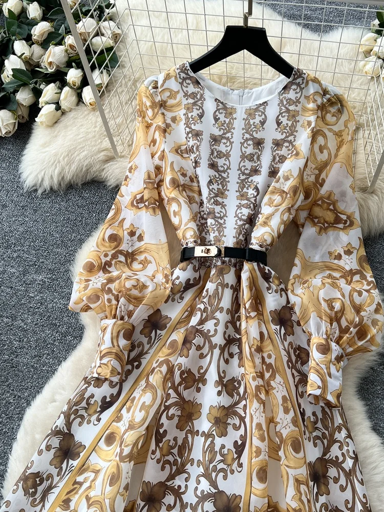 เดรสยาวพิมพ์ลาย Ele Print สำหรับผู้หญิง แฟชั่นฤดูใบไม้ร่วง ทรงเอวเข้ารูป แขนทรงกระบอก ผ้าโพลีเอสเตอร์ เอวสูง สไตล์ฝรั่งเศส